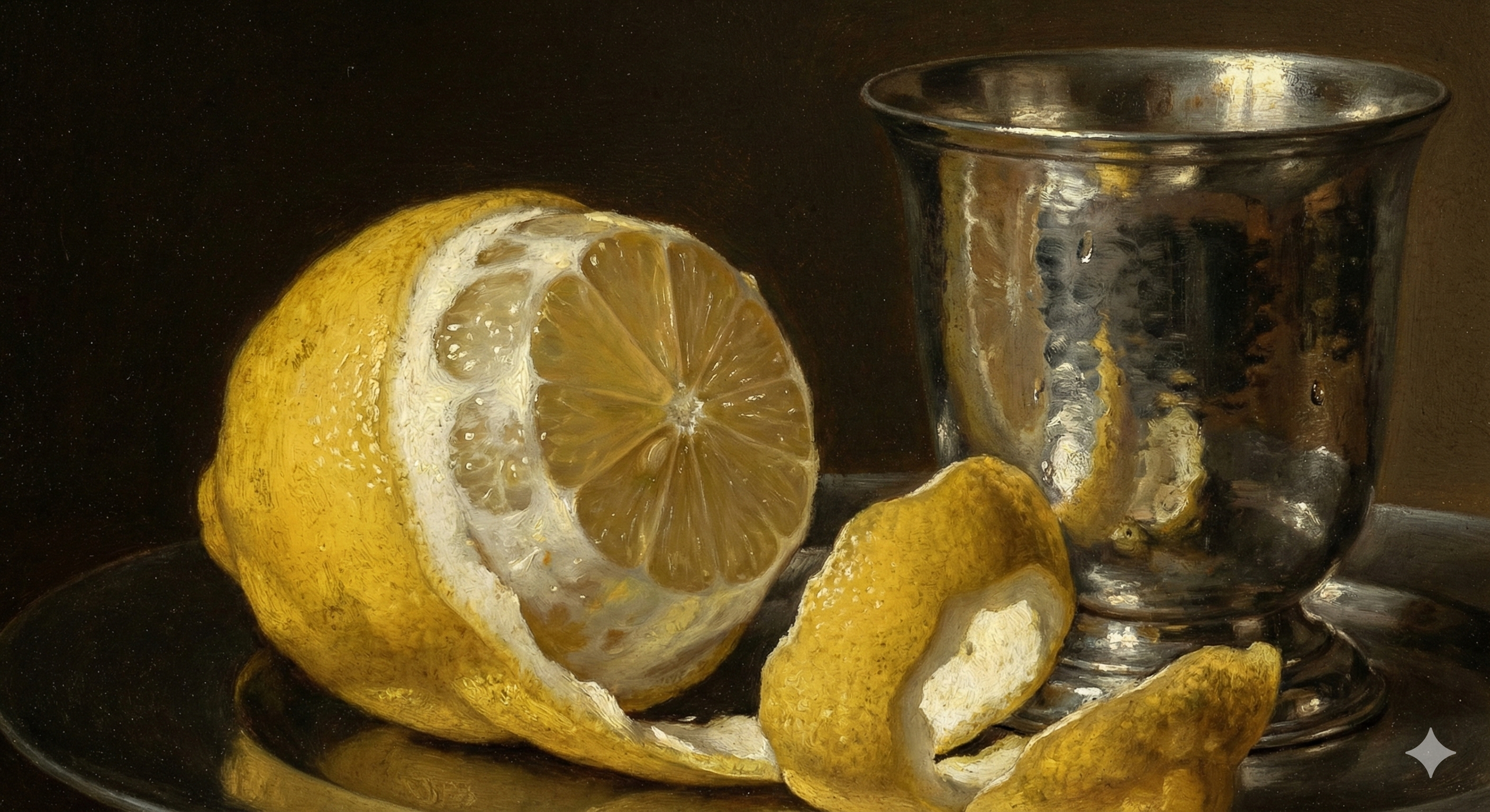 Macro detail of a peeled lemon in oil painting style