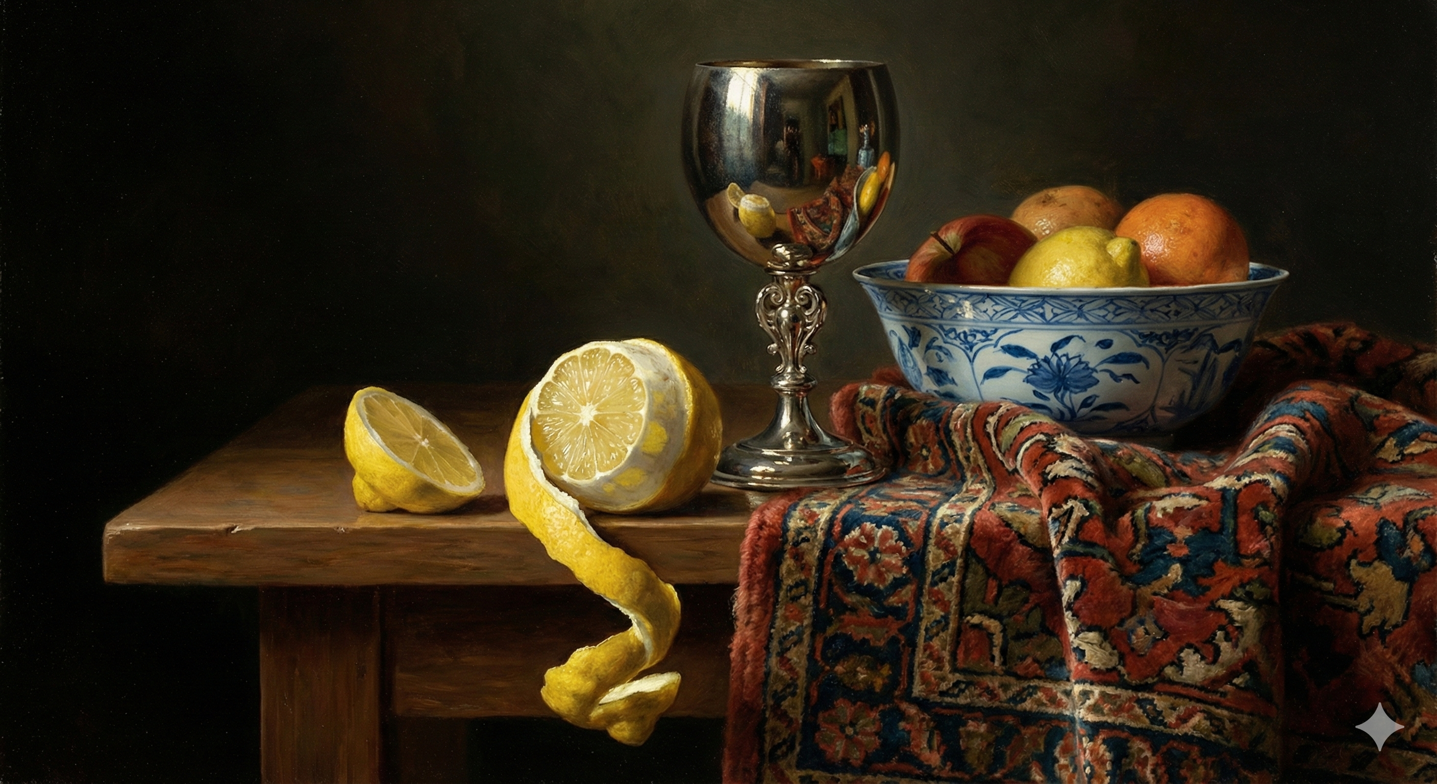 Still life painting with lemon and silver goblet
